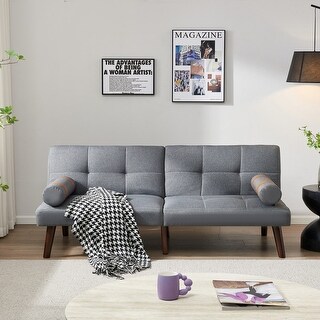 Linen Fabric Convertible Sofa Bed Futon Sofa with Solid Wood Legs - Bed ...