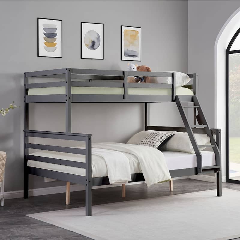 Twin Over Full Bunk Bed,Solid Wood Frame,High Guardrail,Safe for Kids - Grey