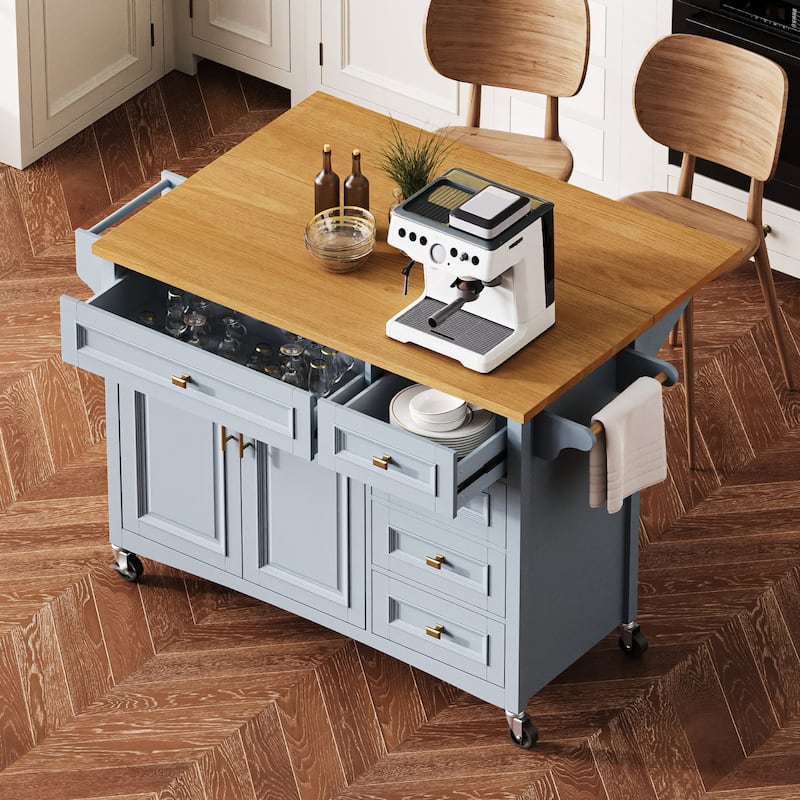 Kitchen Island on Locking Wheels with Drop Leaf, Rolling Island Cart with Adjustable Shelf, Spice Rack, 2 Doors & 5 Drawers聽 - Blue+Grey