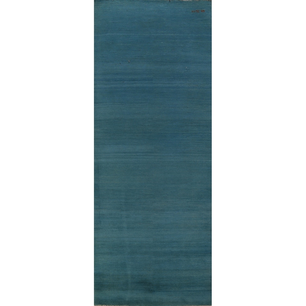 Teal Blue Modern Gabbeh Runner Rug Handmade Wool Carpet - 3'0" x 9'7"