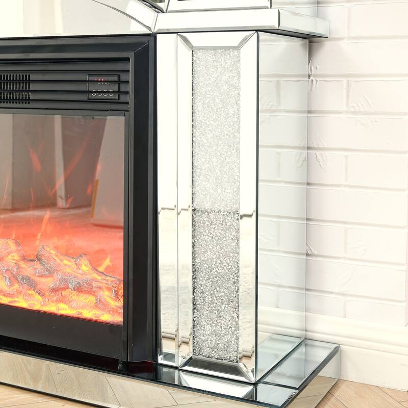 Elegant 46" Mirrored Electric Fireplace Cabinet with Acrylic Crystals, TV Stand, 3D LED Flame, Remote Control