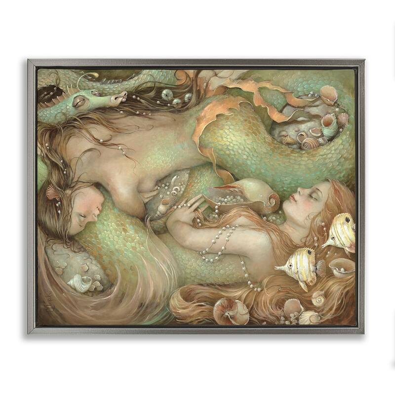 Stupell Two Mermaids Underwater Framed Floater Canvas Wall Art Design by Christina P. Wyatt - 31 x 25 - Grey