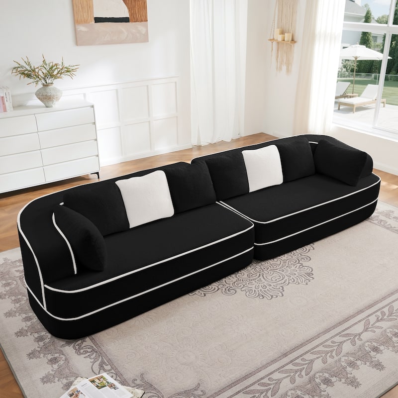 135" Two-Tone Sofa Teddy Fabric Sofa, Boneless Couch with Sponge Cushions, Stylish Sectional Sofa with Pillows for Living Room