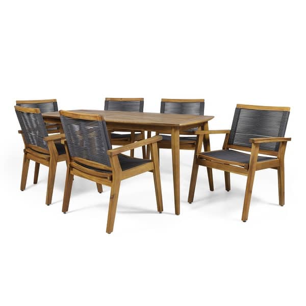 slide 2 of 12, Mcgill Outdoor 7 Piece Acacia Wood Dining Set by Christopher Knight Home Teak Finish + Dark Gray