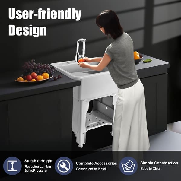HMOROVEX Freestanding Ceramic Laundry Sink With Washboard – 20-35" Deep Basin, Hot/Cold Faucet, Open Shelf, White (91x48x83cm)