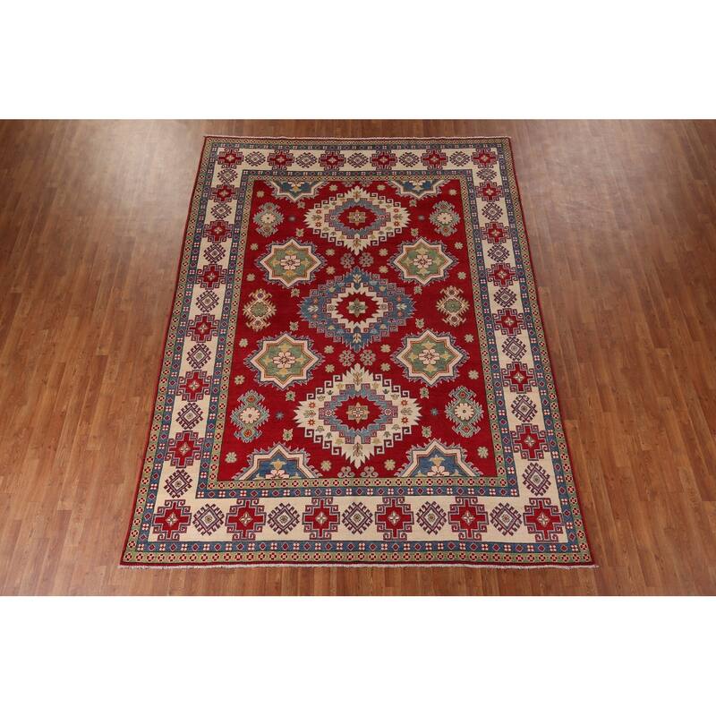 Red Geometric Kazak Oriental Area Rug Hand-Knotted Wool Carpet - 8'1" x 11'0"