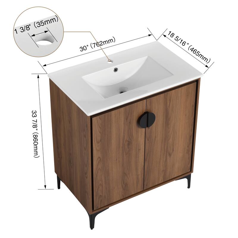 GDFStudio - Levistar Modern Freestanding Bathroom Vanity Cabinet with Ceramic Sink, Soft Close Doors & Metal Tripod - 30"