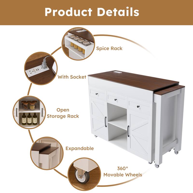 Rossetta 74.8" Removable Extendable Kitchen Cart with Mobile Universal Wheels and Power Outlet
