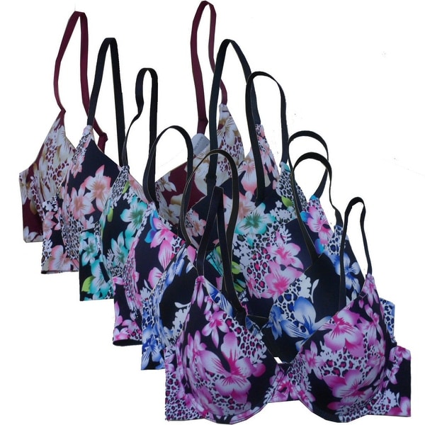Women's 6 Pack Laser Cut Floral Leopard/Cheetah Print Push Up Bras