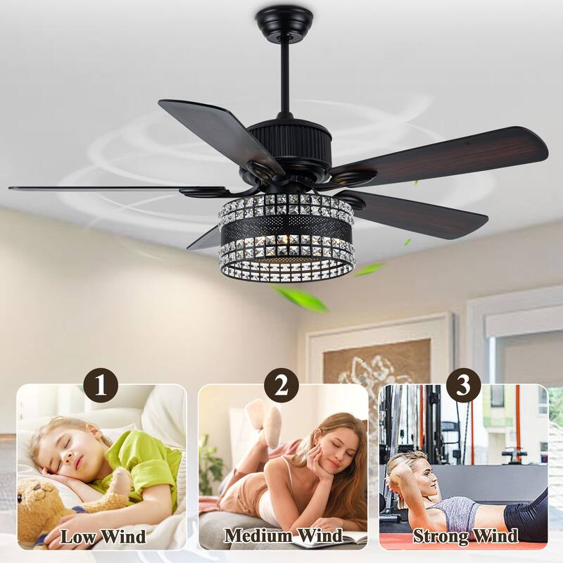 52" Modern Indoor Reversible Crystal Drum Ceiling Fan with Remote Control and Light Kit Chrome