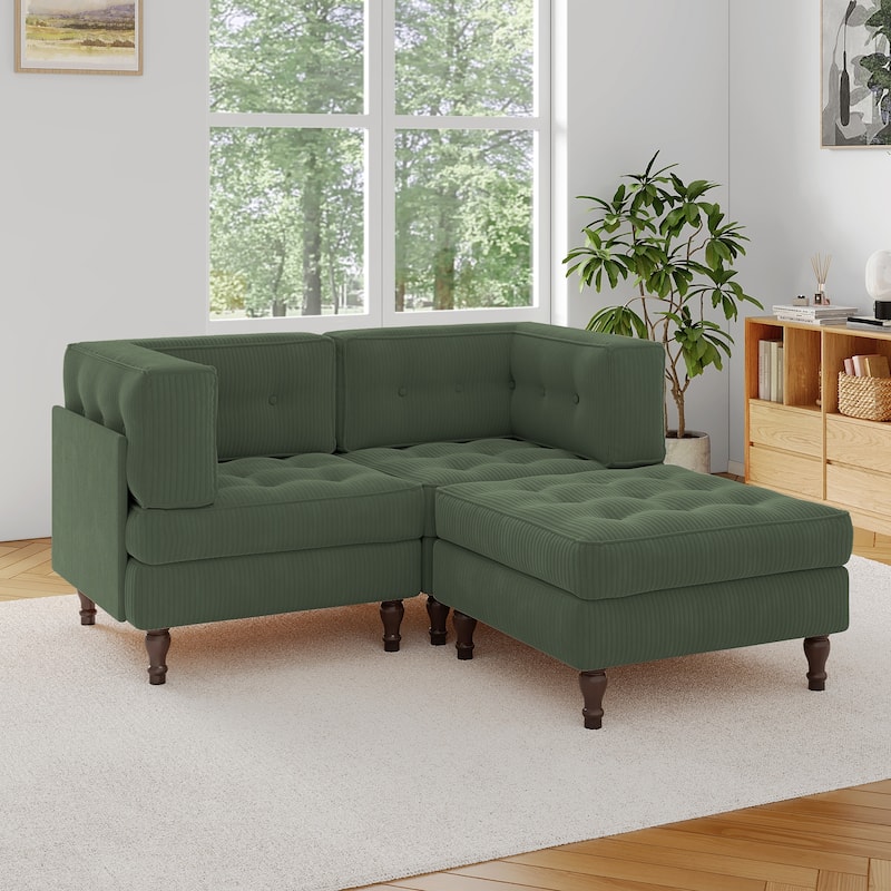 Corduroy Upholstered Modular Corner Sectional Sofa with Reversible Ottoman - Green