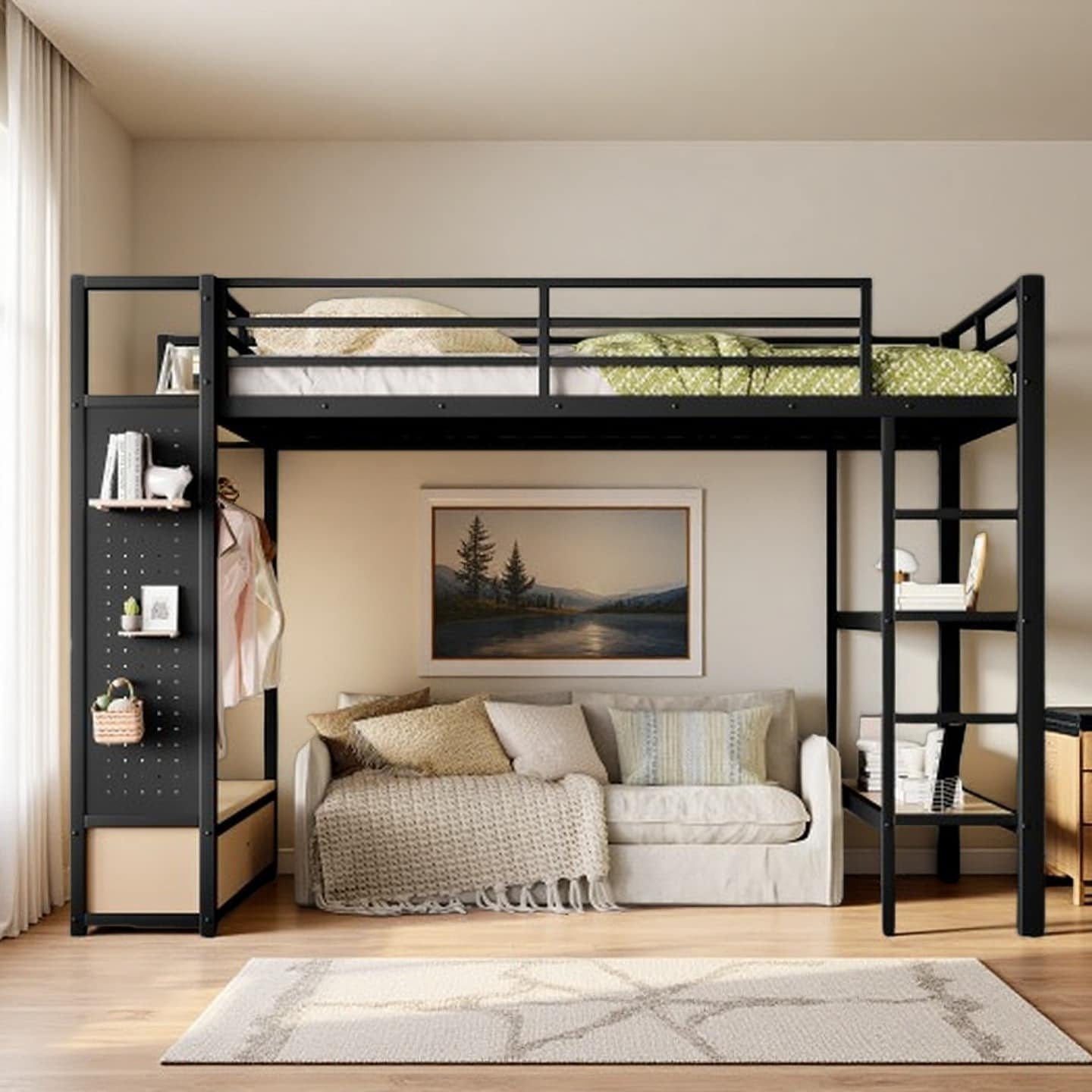 Queen Metal Loft Bed with Wardrobe, Shelves, Pegboard & Full Guardrails, Space-Saving Storage Loft