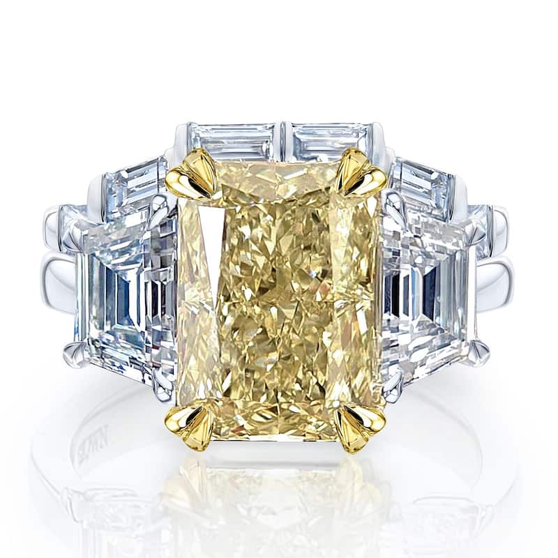 Kobelli 7.2 Carats Fancy Yellow & White Diamond Solid Platinum Radiant & Trapezoid 3-Stone Maryna Bridal Set