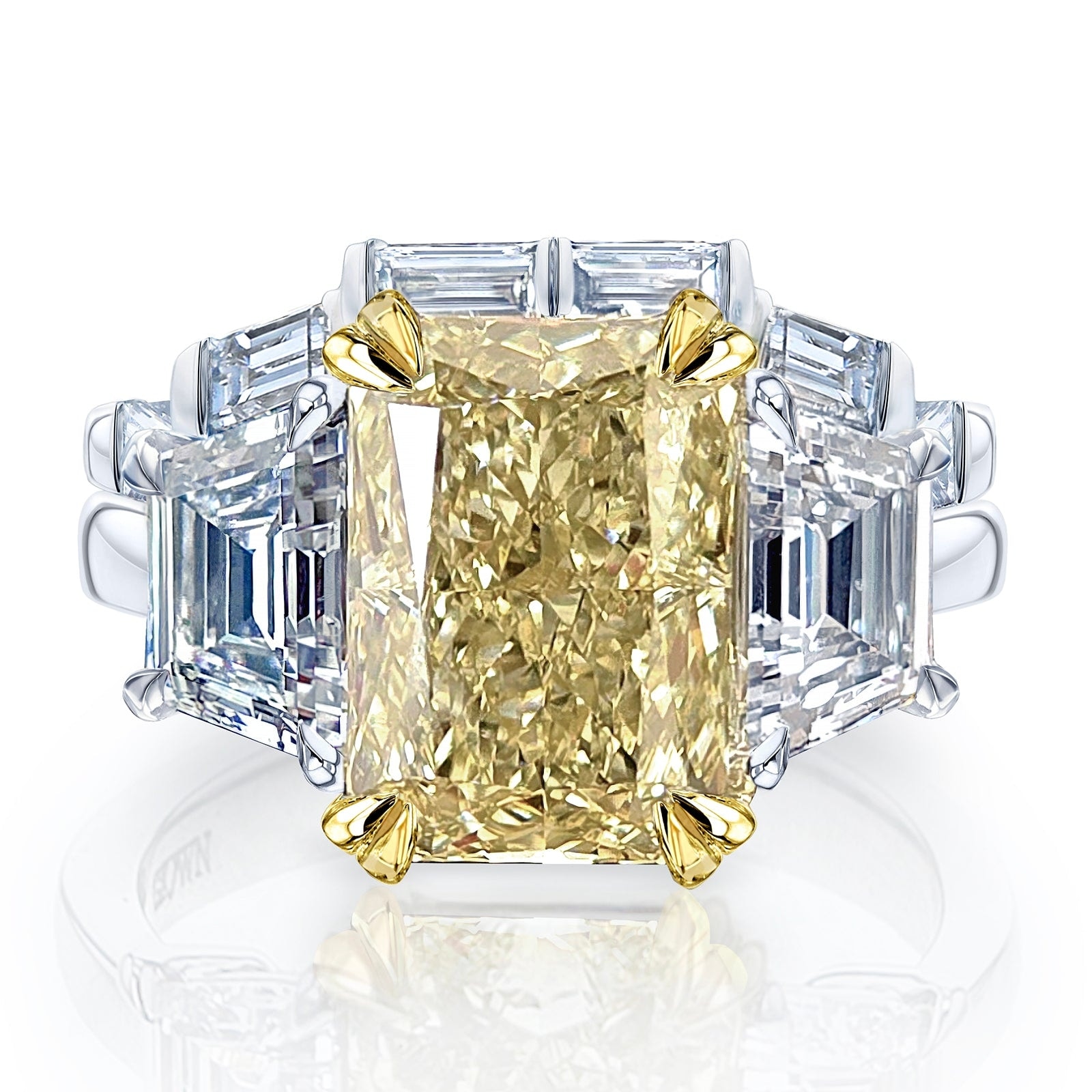 Kobelli 7.2 Carats Fancy Yellow & White Diamond Solid Platinum Radiant & Trapezoid 3-Stone Maryna Bridal Set