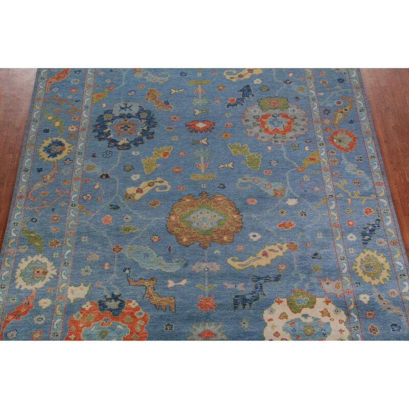 All-Over Blue Oushak Indian Large Rug Hand-Knotted Wool Carpet - 9'1" x 17'9"