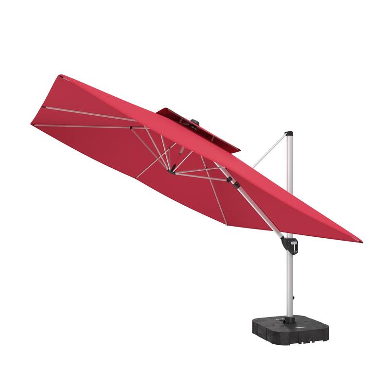 11FT Patio Umbrella Outdoor Square Double Top Umbrella with Base - Red-With Base