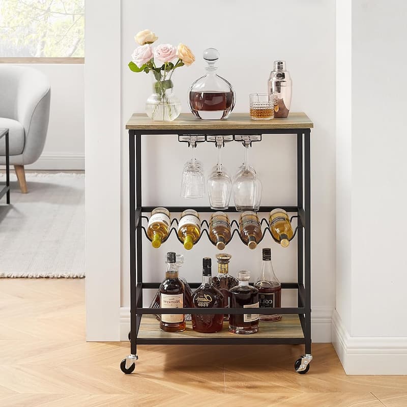 Industrial Bar Serving Cart with Casters, Glass Holders, Wine Holders