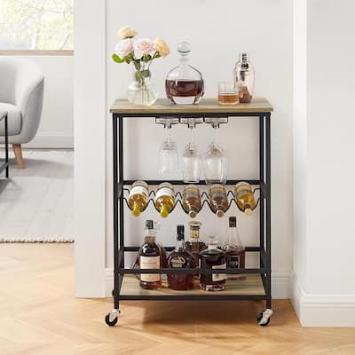 Industrial Bar Serving Cart with Casters, Glass Holders, Wine Holders