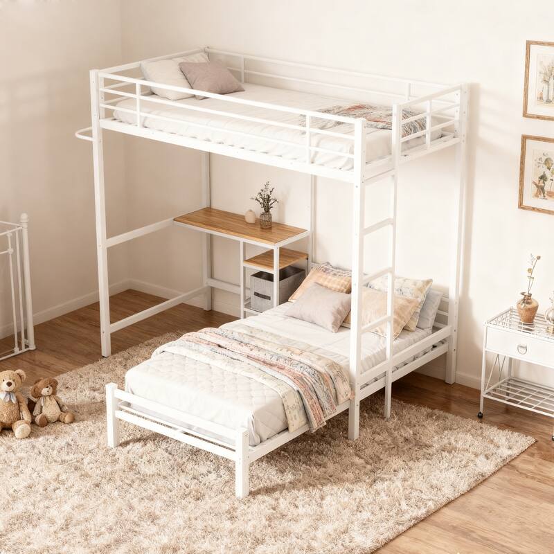 Bunk Bed Twin Over Twin Size with Desk Station L-Shaped Metal Bunk Bed Storage Shelves and Drawers Loft Beds - White