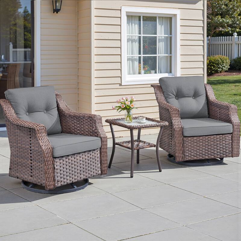 Pocassy 3-Piece Patio Swivel Chair with Side Table - Brown Wicker Blue Cushion - 3-Piece Swivel Chair with Side Table