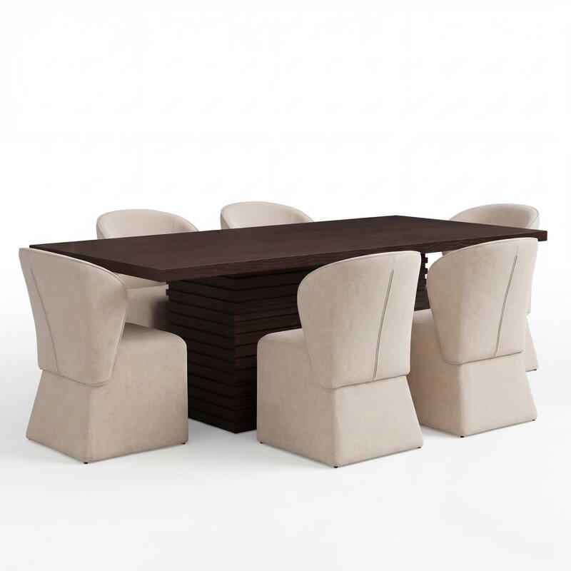 Christopher Knight Home - Eddie 7-Piece Upholstered Dining Set with 84" Rectangular Pillar Base Dining Table