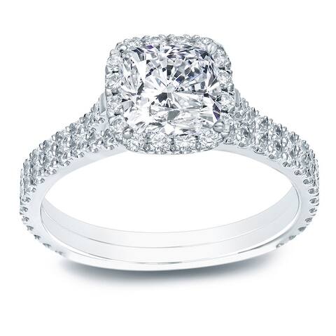 Auriya 1 3/4ctw Cushion Cut Halo Diamond Engagement Ring Set 14K Gold Certified