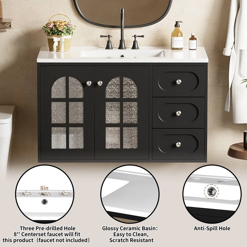 Floating Bathroom Vanity Black Wall Cabinet with Basin Sink Platform, Hazy Embossed Glass Doors, 3 Drawers and Metal Knobs