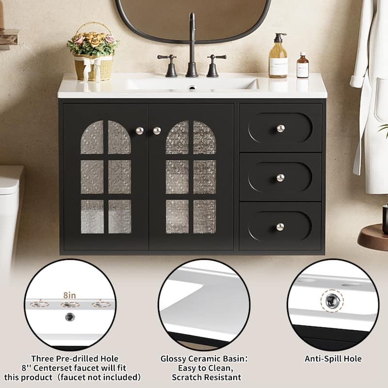 Floating Bathroom Vanity with Sink, Solid Wood Bathroom Storage Cabinet, Bathroom Vanity with 3 Drawers & Glass Panel Doors