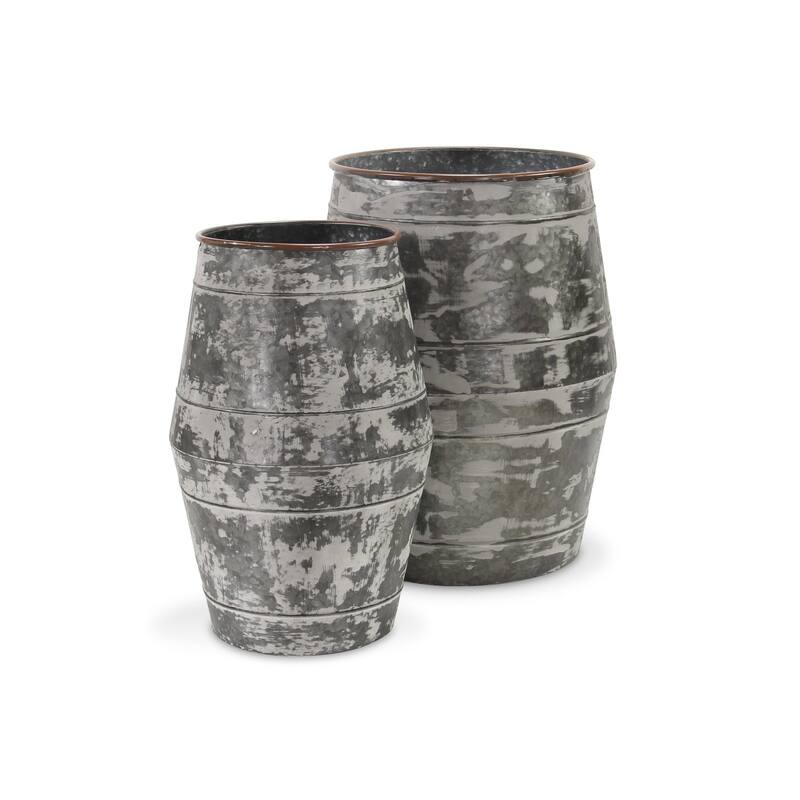 Set of Two Gray Galvanized Metal Cylinder Floor Vases - 17.25