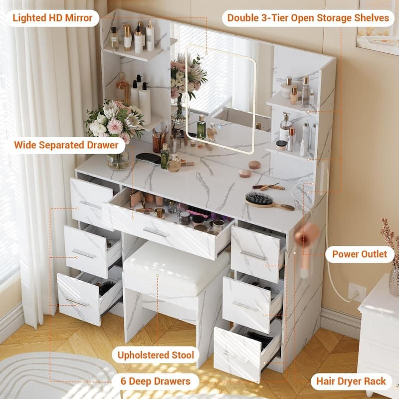 7 Drawers Vanity Desk, Makeup Vanity Table with Touch LED Light Mirror