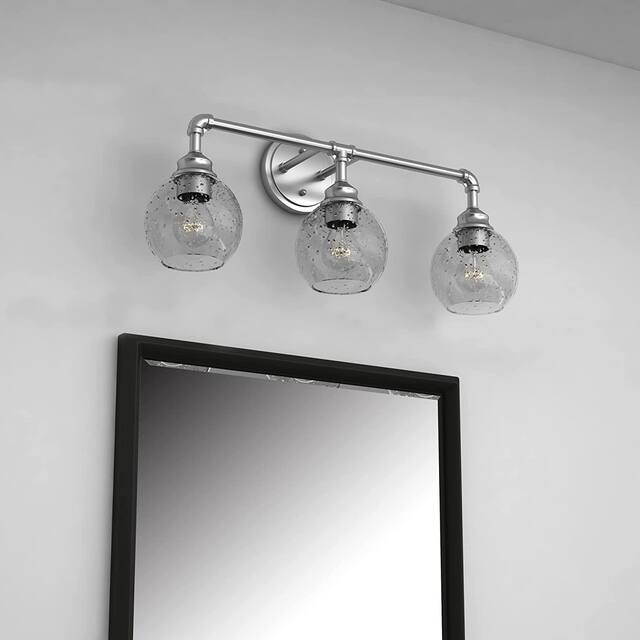 3 Light Vanity Light in Satin Nickel with Clear Seedy Glass - W:25.04*H:11.02*E:8.11