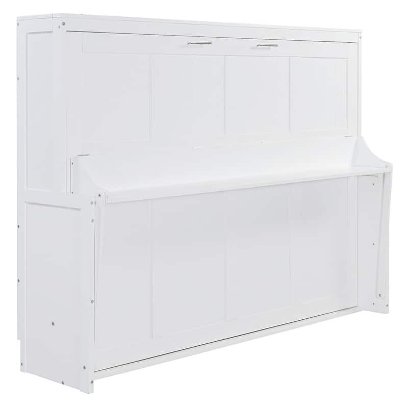 Full/Queen Size Wooden Murphy Bed with Desk, Foldable Murphy Bed Cabinet w/ Hydraulic Lift Design, Space Saving Murphy Chest Bed