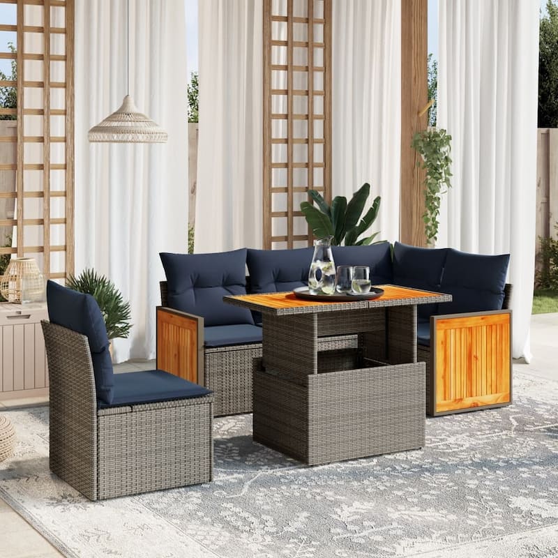 vidaXL Patio Sofa Set with Cushions Outdoor Furniture 6 Piece Poly Rattan - Grey - 21.7 x 24.4 x 27.2