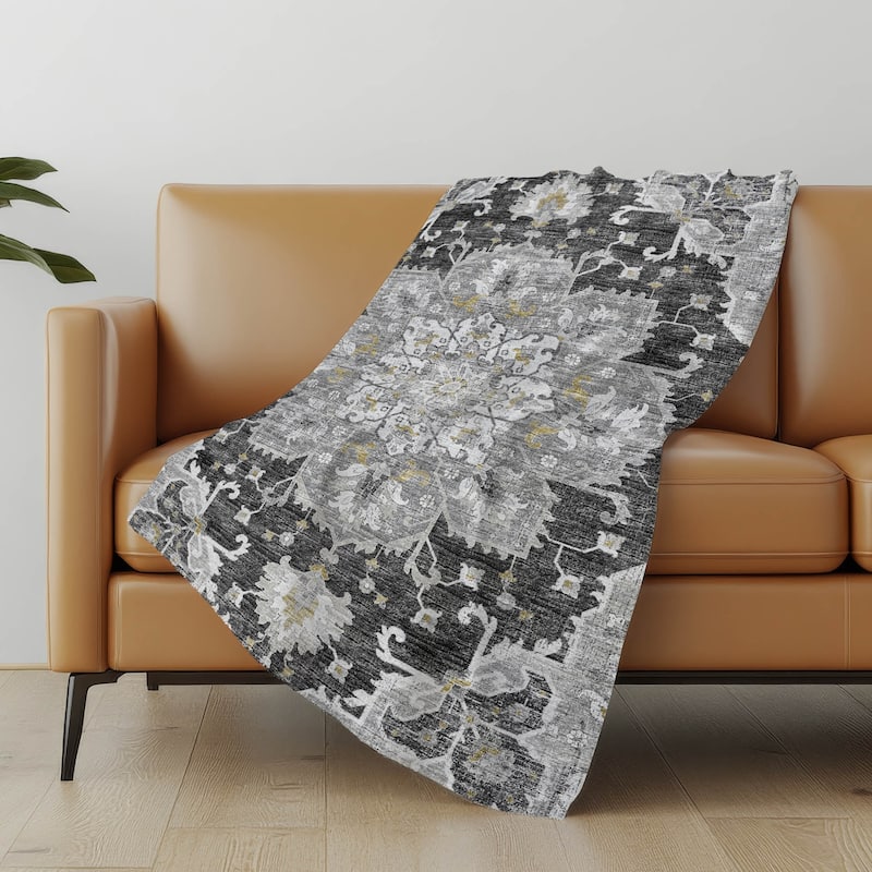 Premium Machine Washable ASB93 Traditional Medallion Sherpa Throw Blanket - Shadow - 4'2" x 5'10"