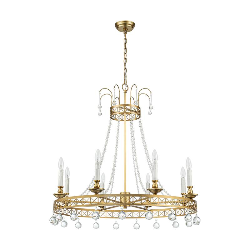 8-Light Glam Modern Wagon Wheel Gold Crystal Chandelier with Crystal Beads - 33.4 in. W x 33.8 in. H