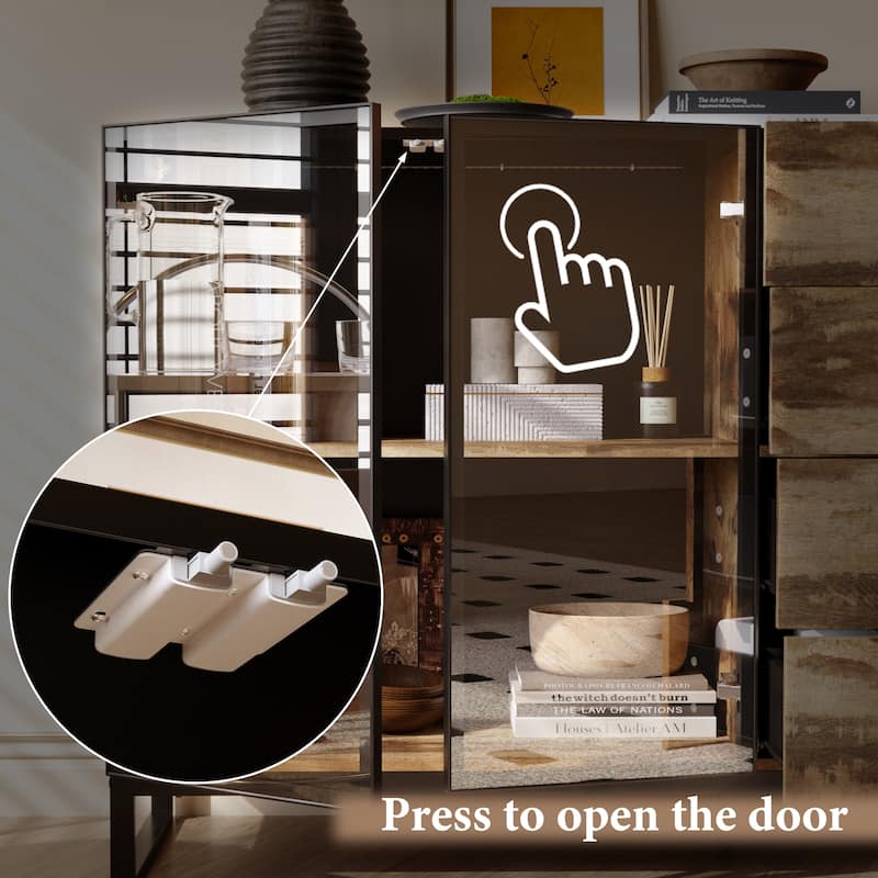 Bookshelves Sideboard Cabinet with Glass Doors and Rustic Wood Drawers 63" Credenza Storage Cabinet