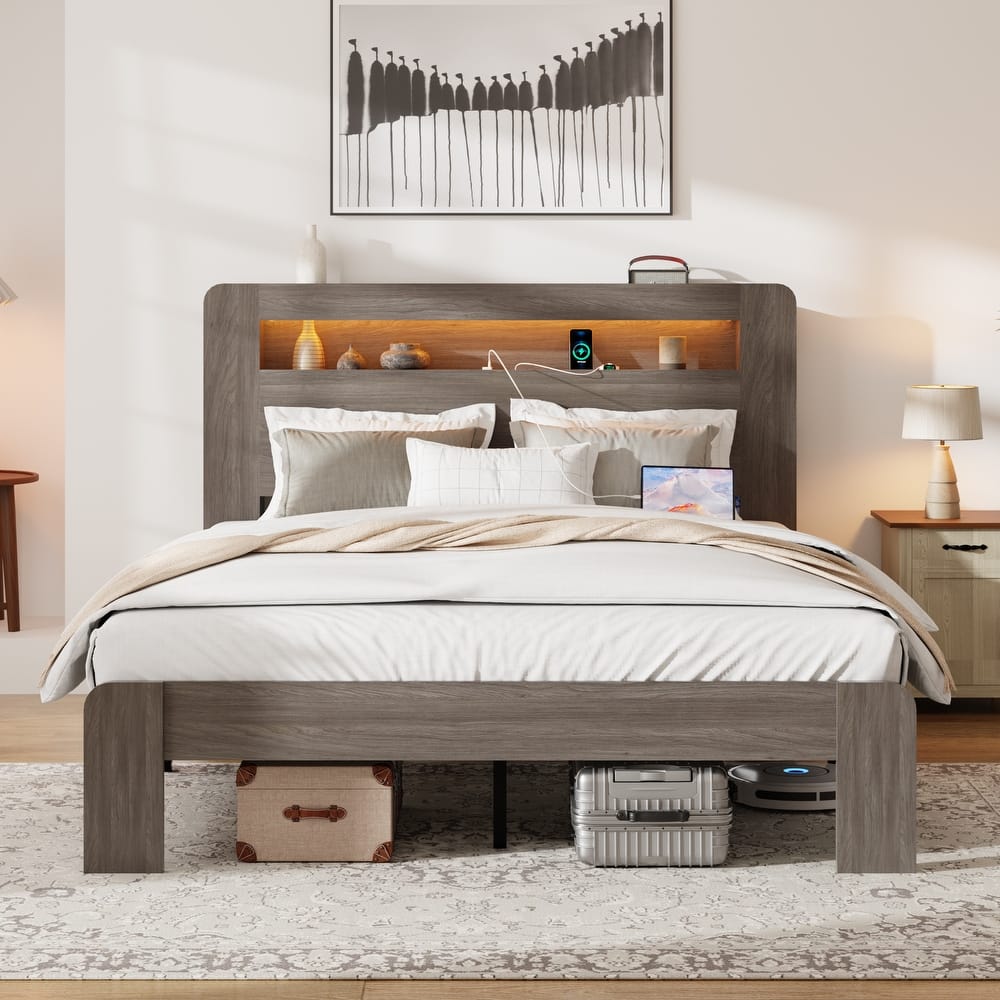Wooden LED Platform Bed, LED Storage Headboard with Charging Station and Shelves on Each Side, Heavy Duty Metal Slat Support