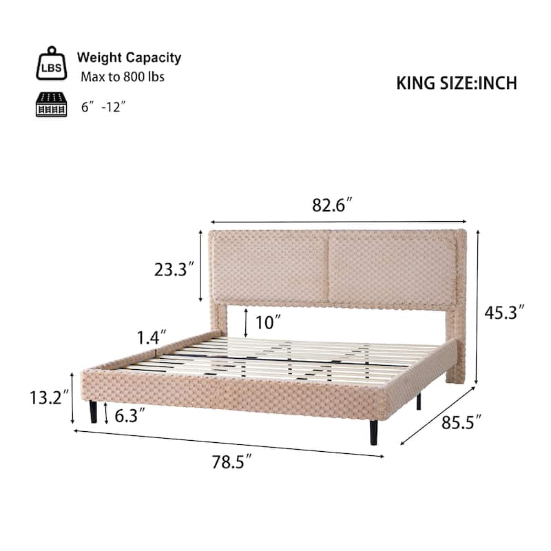 Upholstered King Bed with Plush Fabric and Padded Backrest Solid Wood Frame