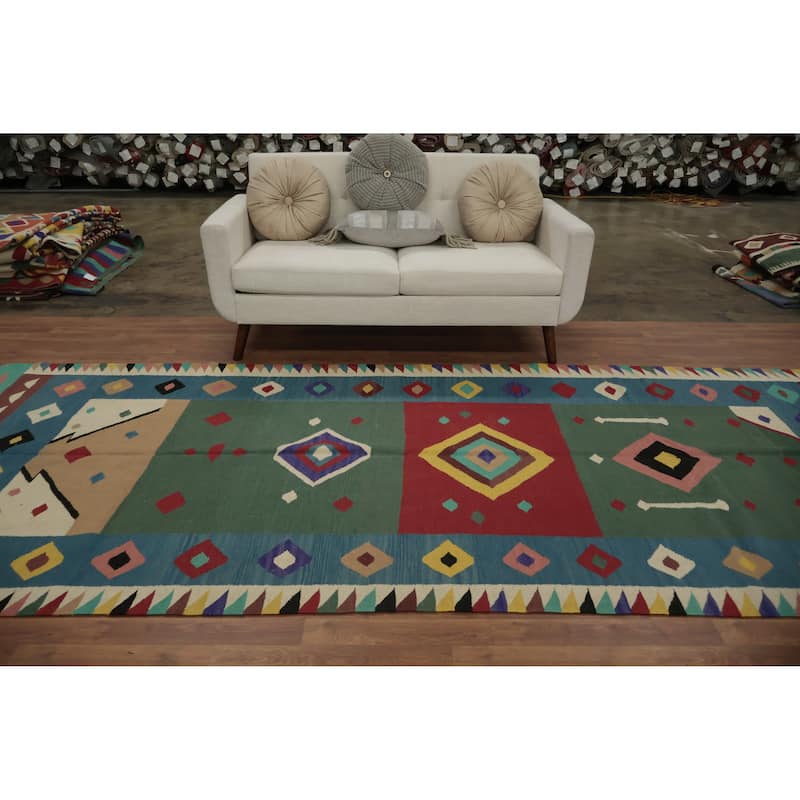 Hand Woven Oriental 100% Wool Carpet Southwestern Modern Green Kilim Area Rug - 11' 11'' X 5' 0''