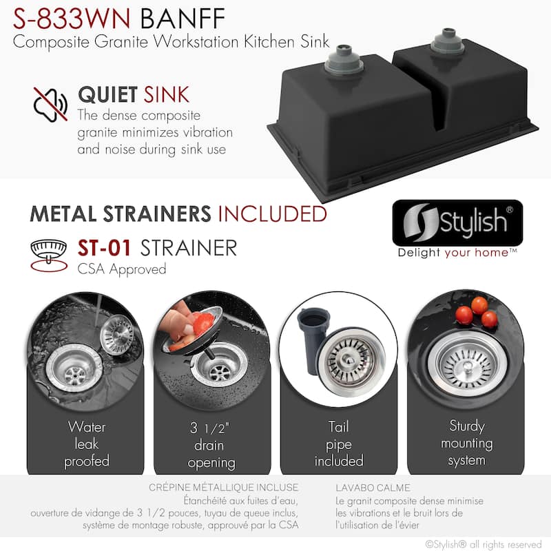 Dual mount 33 inch Black Composite Granite Double Bowl Workstation Kitchen Sink