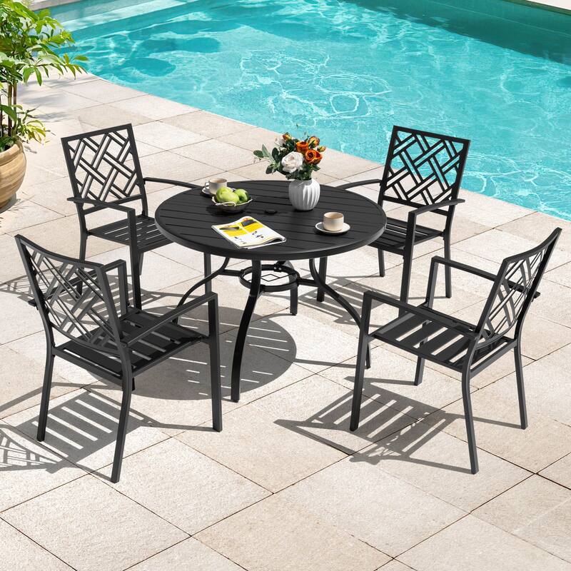5-Piece Metal Patio Dining Set with Umbrella Hole, Stackable Design - Interlaced Oval Motif Backrest