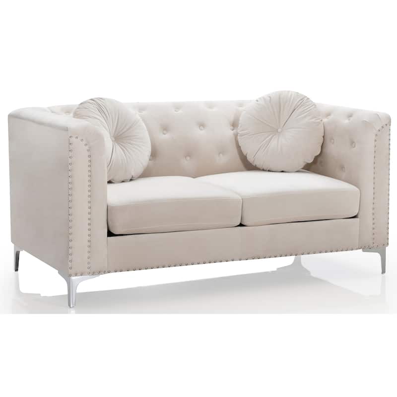 Tufted Velvet 2-Seater Sofa with Throw Pillows - 62" - Beige