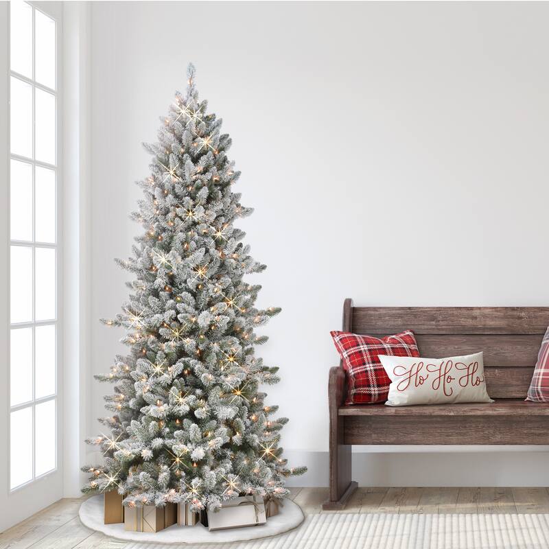 Puleo International 6.5 ft. Pre-Lit Slim Flocked Royal Majestic Artificial Spruce Tree with 300 Warm White LED Lights