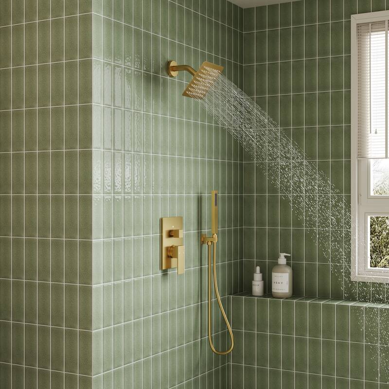 Wall Mounted 6 in Rain Shower Head Bathroom Shower Faucet Set 2-Setting Square Shower System With Rough-In Valve, & Handheld