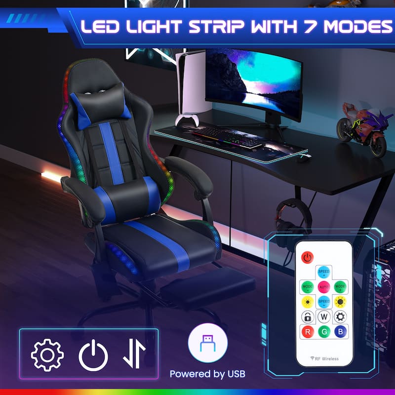 EROMMY RGB LED Gaming Chair with Thickened Massage Lumbar Pillow & Upgraded Footrest, Reclining Ergonomic Chair