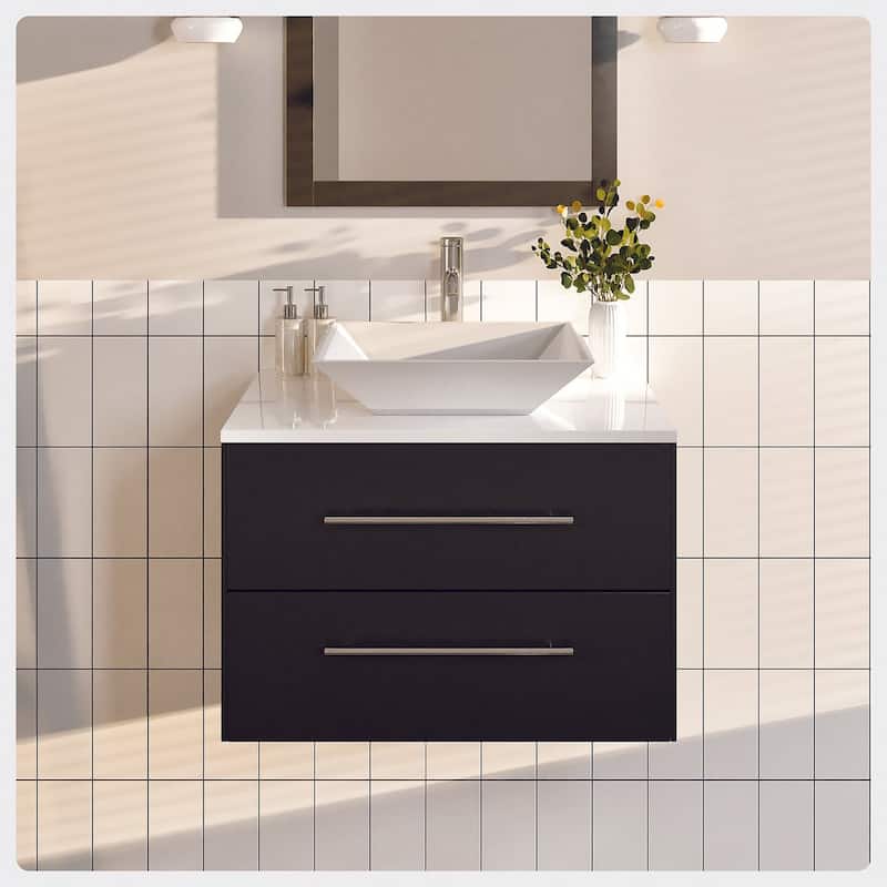 Wave 24" Espresso SS Bath Vanity with White Quartz Top and Vessel Porcelain Sink