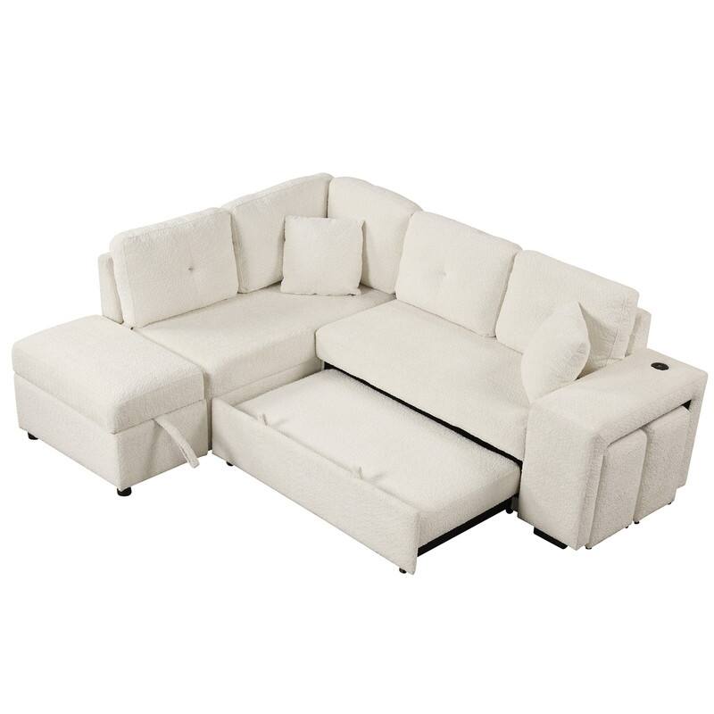 87.7" Modern Sectional Sofa with Pull Out Bed, Convertible Sleeper Sofa with Storage Ottoman,Stools and Pillows