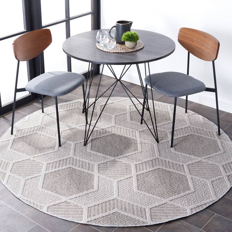 SAFAVIEH Global Meruert Indoor/ Outdoor Modern Rug - 6'7" Round - Grey/Ivory