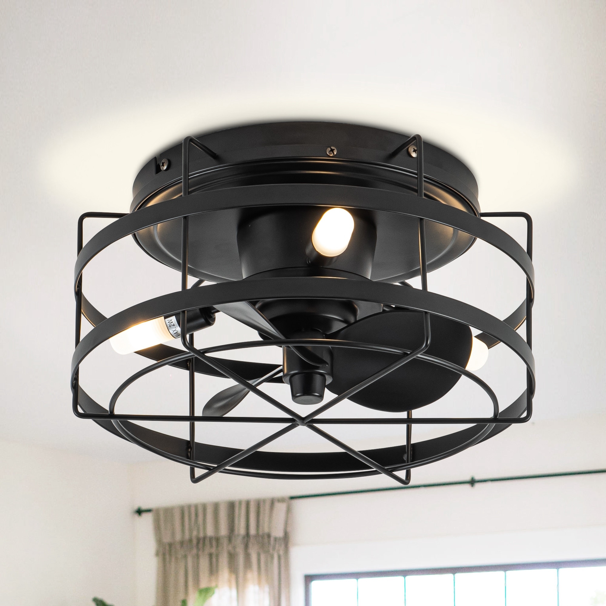 13-inch Matte Black Industrial Flush Mount Small Caged Fandelier Ceiling Fan with Remote and LED Light