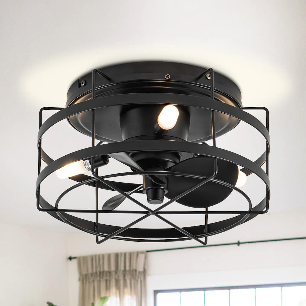 13-inch Matte Black Industrial Flush Mount Small Caged Fandelier Ceiling Fan with Remote and LED Light